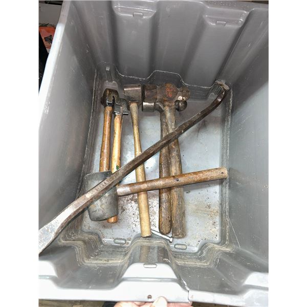 Lot of assorted hammers and mallets  includes stacking gray tote