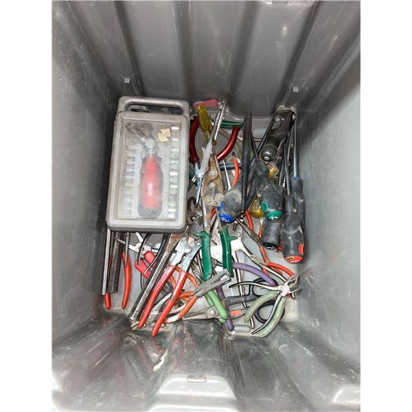 Lot of assorted tools, pliers, etc  includes stacking gray tote