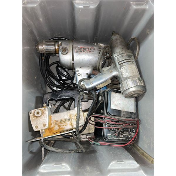 Lot of assorted power tools and meter  includes stacking gray tote