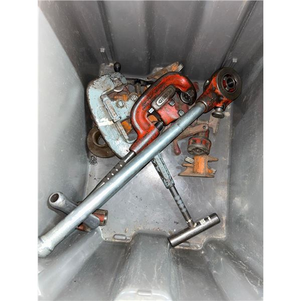 Lot of assorted Rigid Pipe Threading/Cutting Tools as shown  includes stacking gray tote