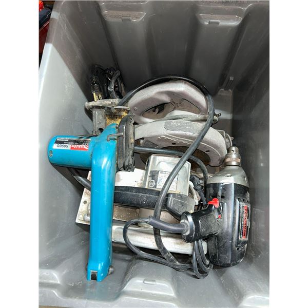 Lot of assorted power tools, skill saw, drill, etc  includes stacking gray tote
