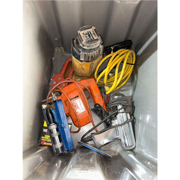 Lot of assorted power tools as shown  includes stacking gray tote
