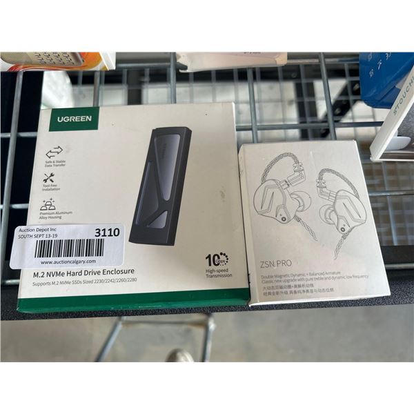 Lot of Ugreen hard drive enclosure and ZSN Pro in ear headphones