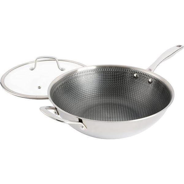 Kenmore Elite Luke Hybrid 12" Tri-Ply Stainless Steel PFOA Free Nonstick Wok Pan W/Lid, Metal Utensi