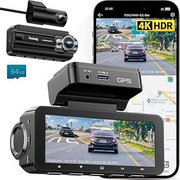 Dash Cam Front Rear 4K Built-in GPS 5GHz WiFi, 3.39’’ IPS Screen, Voice Control, D