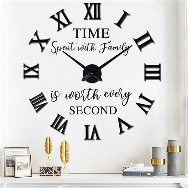 VREAONE Large 3D DIY Wall Clock, Giant Roman Numerals Clock Frameless Mirror Big Wall Clock Home Dec