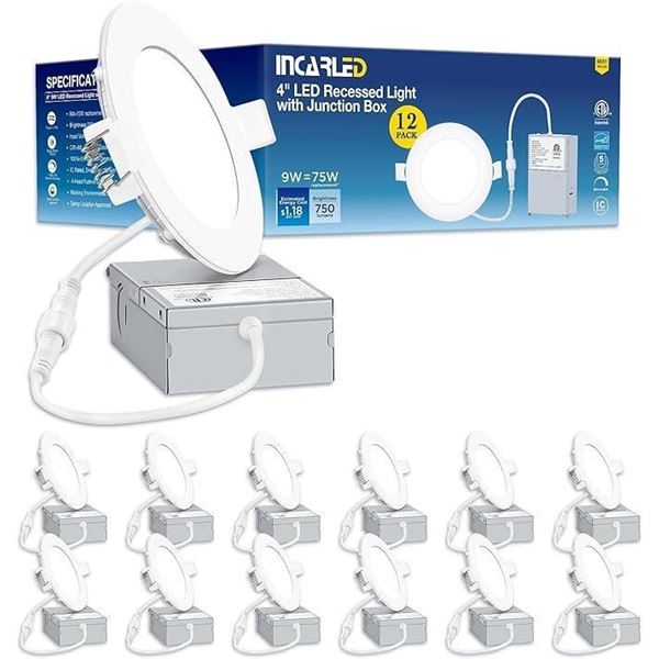 INCARLED 4Inch LED Recessed Slim Pot Light with Junction Box, 4000K, Dimmable IC-Rated Ceiling Light