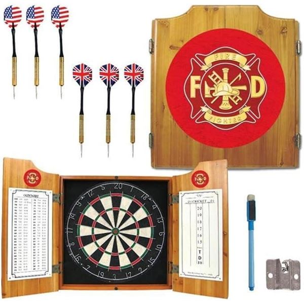 Trademark Global Fire Fighter Dart Cabinet Includes Darts and Board Dart Board
