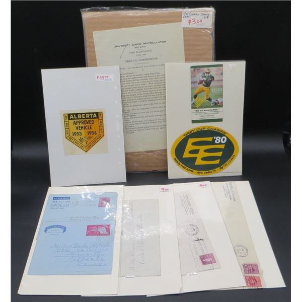 Vintage Letter Head With Stamps, Eskimos Grey Cup '80 Champs Sticker, 1918 French Exam Sheet & More