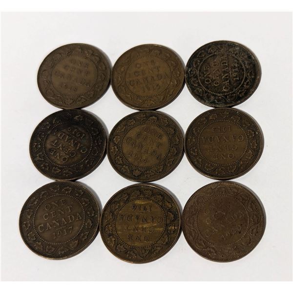 x9 VARIOUS DATES & GRADES CANADA LARGE 1c COINS