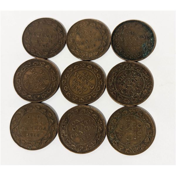 x9 VARIOUS DATES & GRADES CANADA LARGE 1c COINS