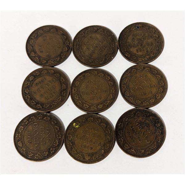 x9 VARIOUS DATES & GRADES CANADA LARGE 1c COINS