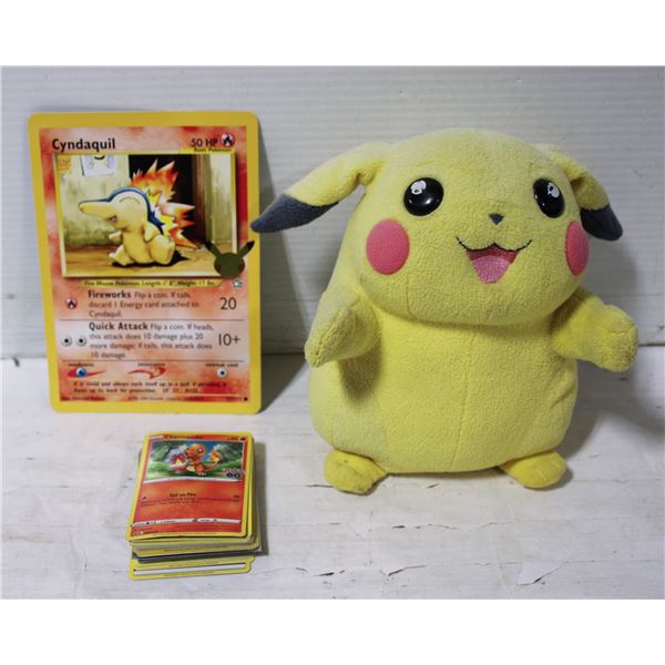PIKACHU FIGURE, POKEMON CARDS W/JUMBO CARD
