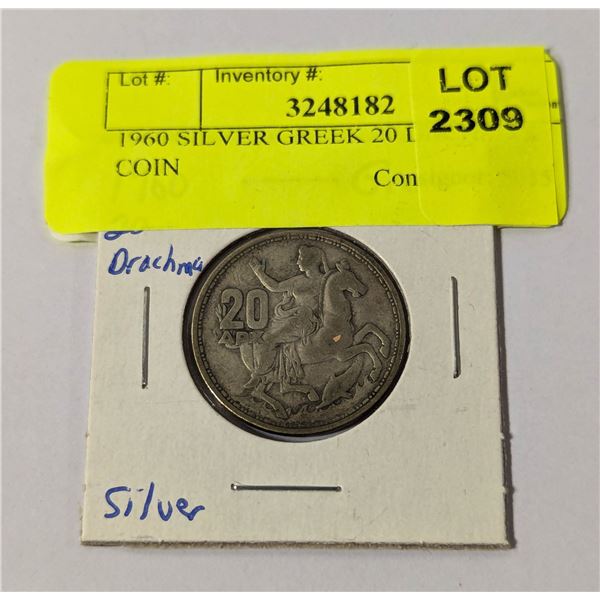 1960 SILVER GREEK 20 DRCHMAS COIN