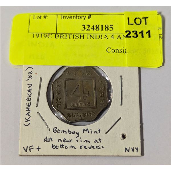 1919C BRITISH INDIA 4 ANNAS COIN