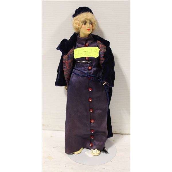 PORCELIN DOLL BLONDE LADY- PURPLE SATIN DRESS,