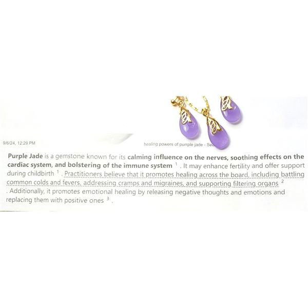 20)  SET OF NATURAL PURPLE JADE AND GOLD TONE DROP