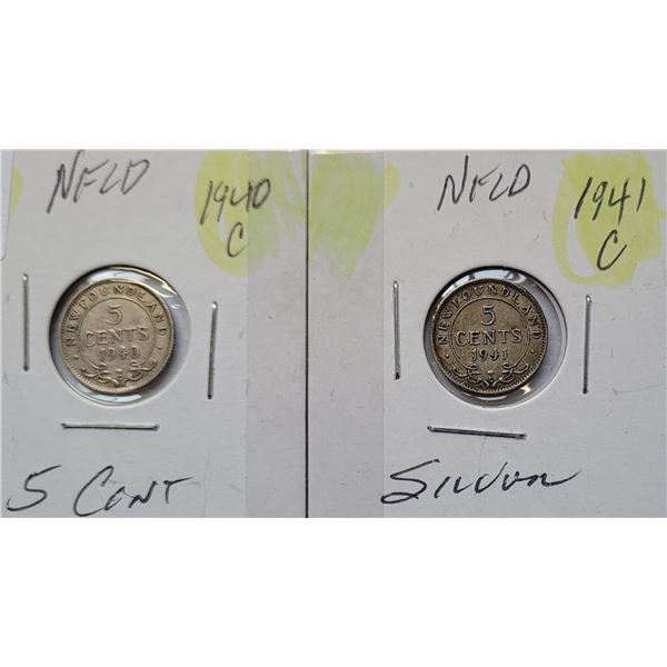 37)  LOT OF 2 NEWFOUNDLAND 5 CENT COINS, 92.5% SIL