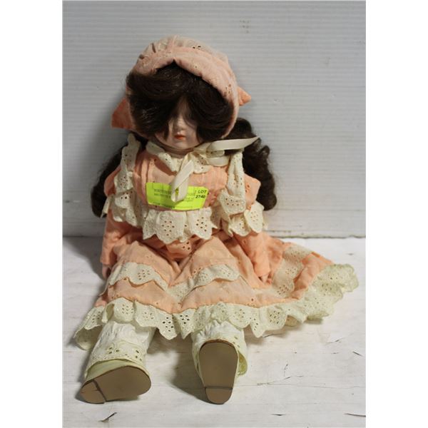 PORCELIN DOLL LONG DARK BRUNETTE HAIR - CREAM AND