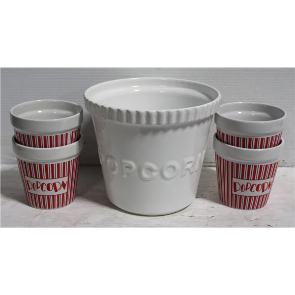 LARGE POPCORN BOWL & 4 SMALL BOWLS (CERAMIC)