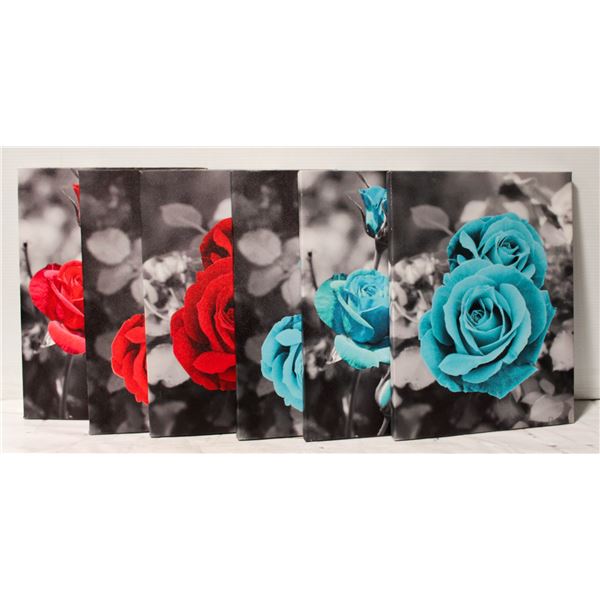 6 PICTURES 3-TEAL ROSES / 3-RED ROSES 12X6"