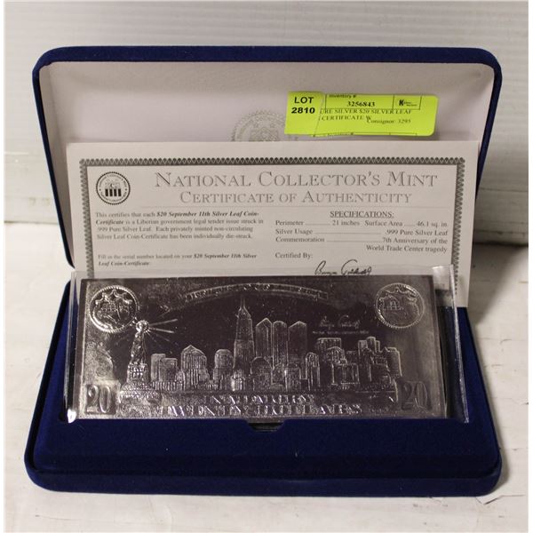 999 PURE SILVER $20 SILVER LEAF COIN CERTIFICATE W