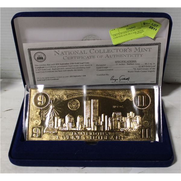 22KT $ 20 GOLD LEAF COIN CERTIFICATE IN CASE WITH