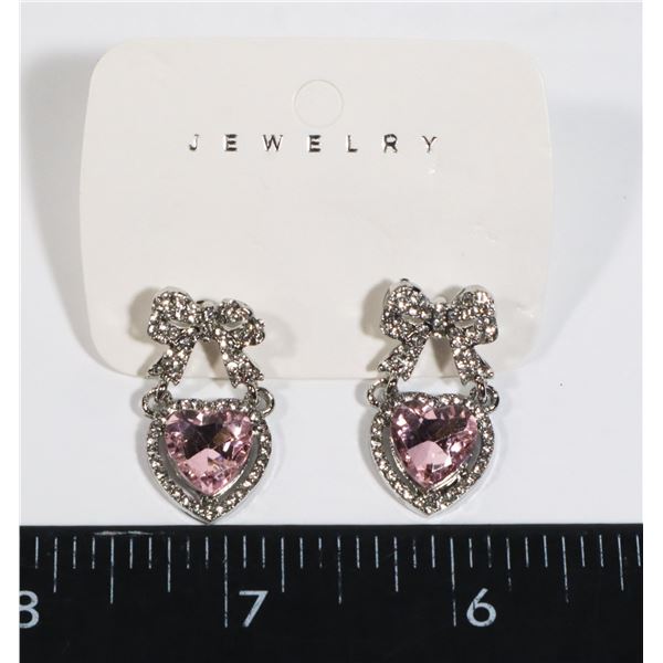 NEW RHINESTONE HEART AND BOW DANGLE EARRINGS