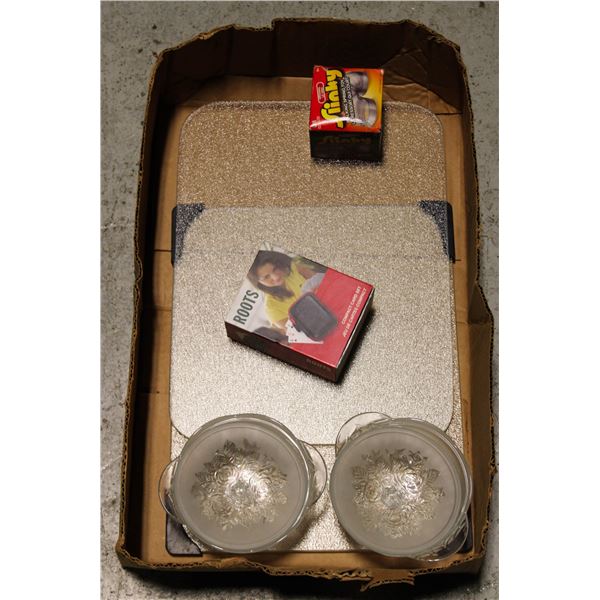 2 GLASS CUTTING BOARDS, 2 CRYSTAL CANDY DISHES +