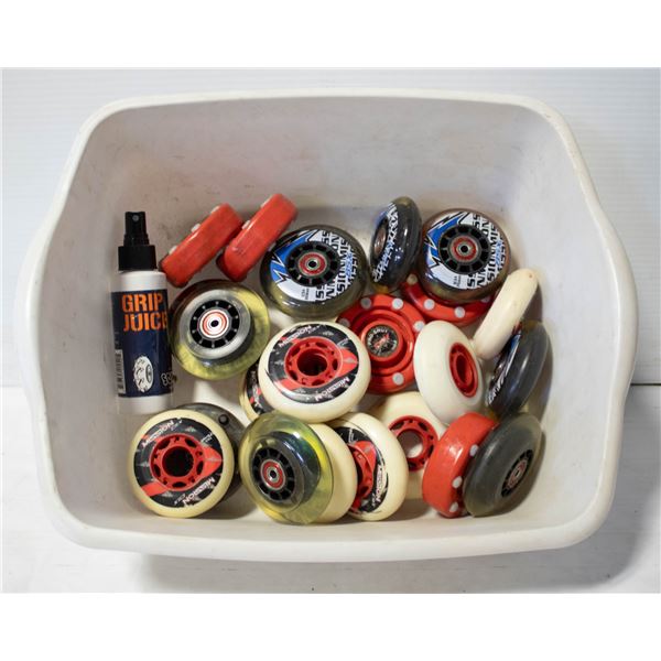 BIN OF INLINE HOCKEY SKATE WHEELS/PUCKS
