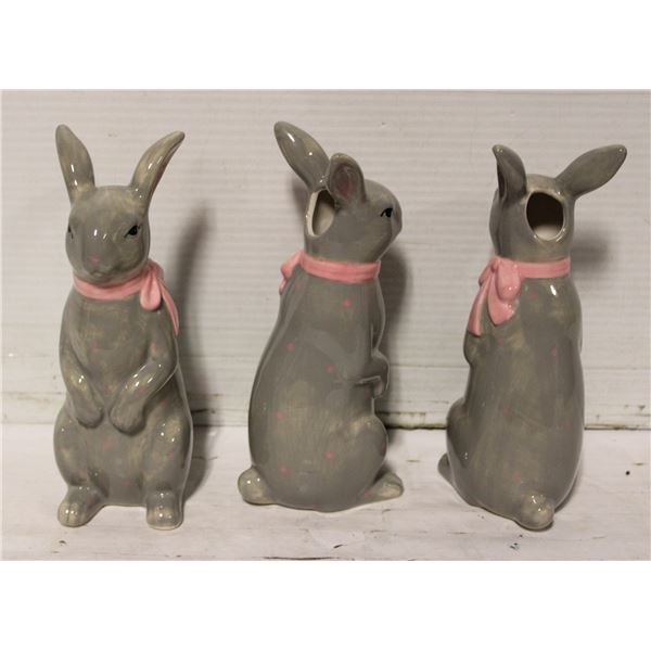 3 GREY RABBIT BUNNY VASES - 8" - NEW