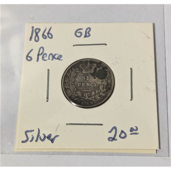 1866 SILVER GREAT BRITAIN 6 PENCE COIN