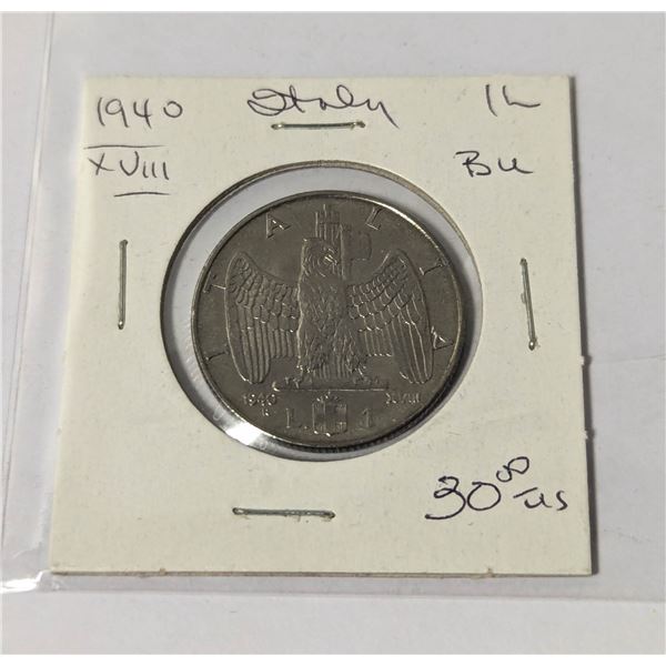 1940 ITALY 1 LIRA COIN, BRILLIANT UNCIRCULATED