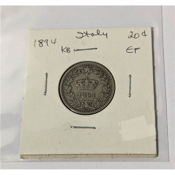 1894 ITALY 20 CENTS COIN, EXTRA FINE CONDITION