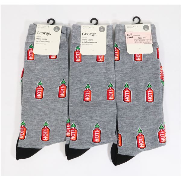 THREE NEW PAIRS OF HOT SAUCE THEME MENS CREW SOCKS