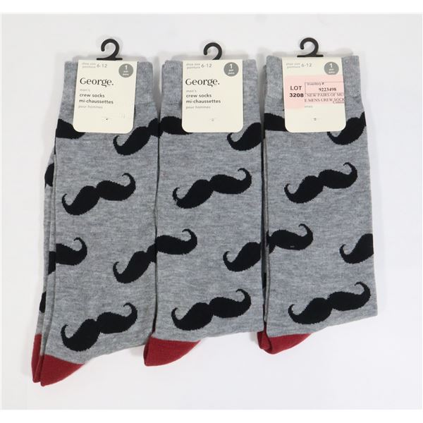 THREE NEW PAIRS OF MUSTACHE THEME MENS CREW SOCKS