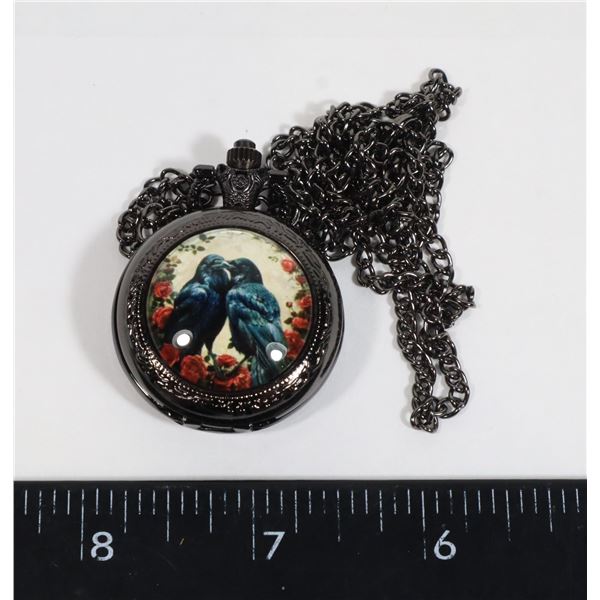 NEW BLACK TONE RAVEN AND ROSES POCKET WATCH WITH