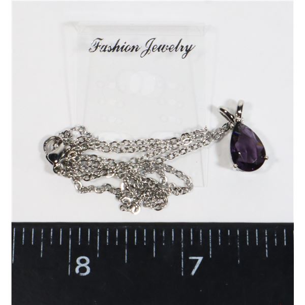 NEW PURPLE ZIRCONIA TEAR DROP PENDANT AND CHAIN
