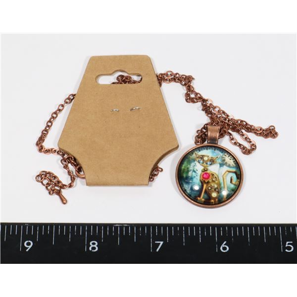 NEW COPPER TONE STEAMPUNK CAT PENDANT AND CHAIN