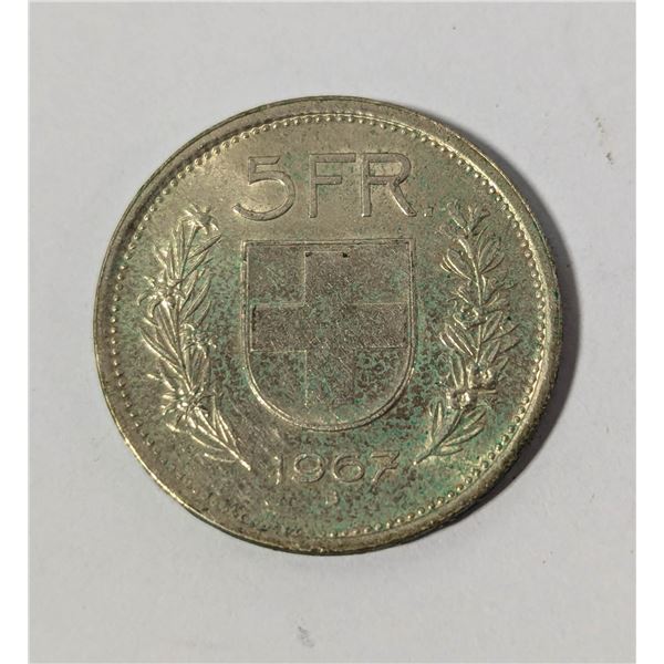 1967B SILVER SWISS 5 FRANCS COIN, BU