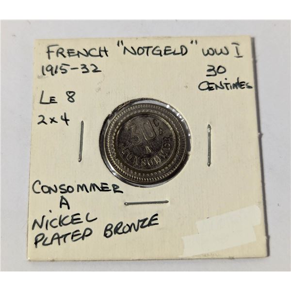 1915-1932 FRENCH NOTGELD 30 CENTIMES TOKEN