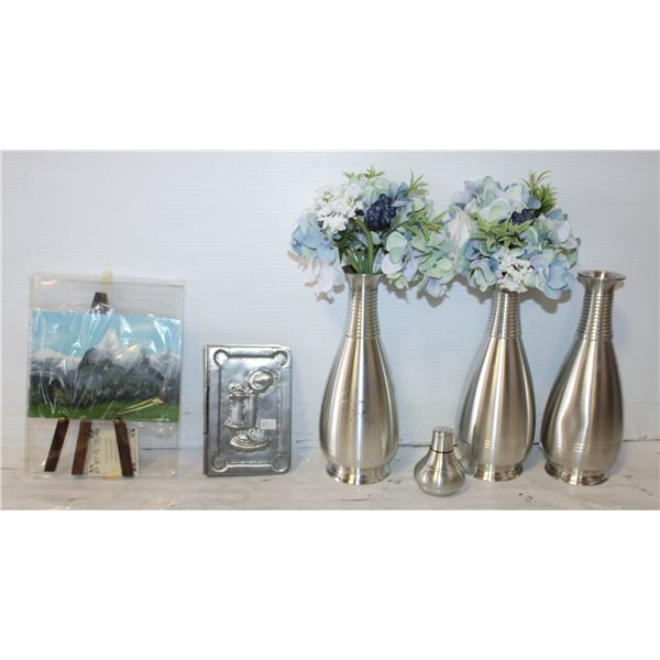 BOX OF PEWTER WARE + FAUX FLOWERS
