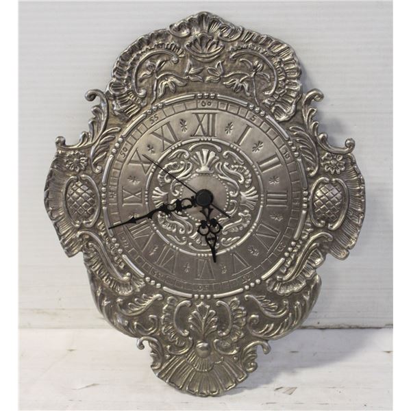 NEW ORNATE WALL CLOCK PEWTER - 12" x 10"
