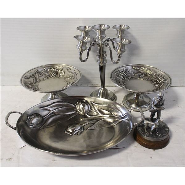 BUNDLE OF ASSORTED PEWTER DECOR + TRAY