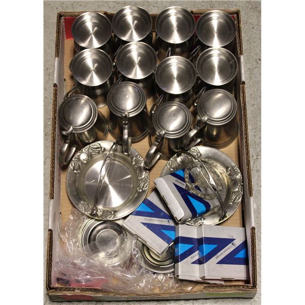 BOX OF ASSORTED PEWTER WARE INCLUDES MUGS