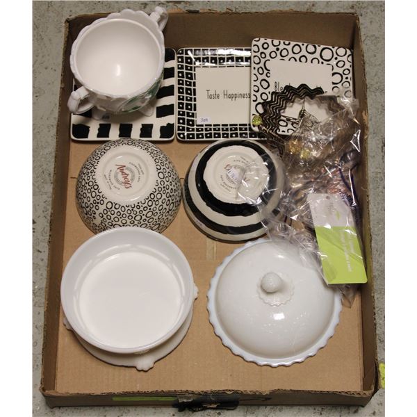 FLAT WITH 3 DECOR PLATES, MILK GLASS