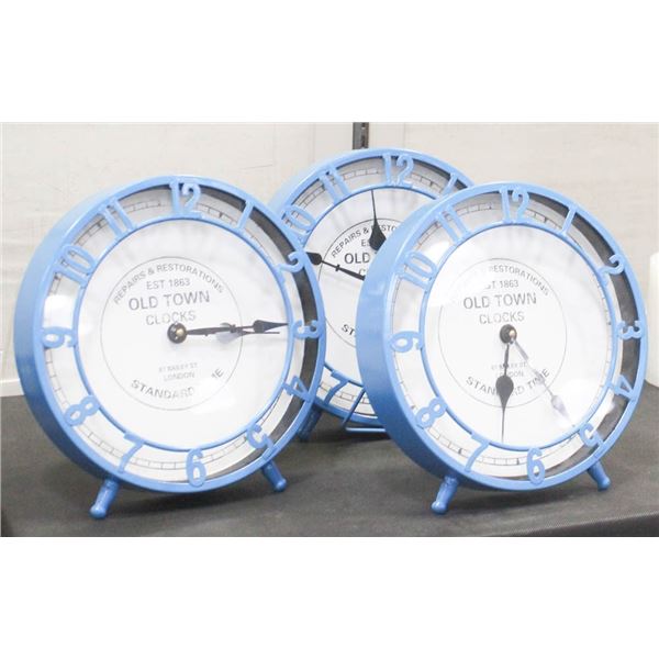LOT OF 3-  BLUE DECORATIVE TABLE TOP CLOCKS