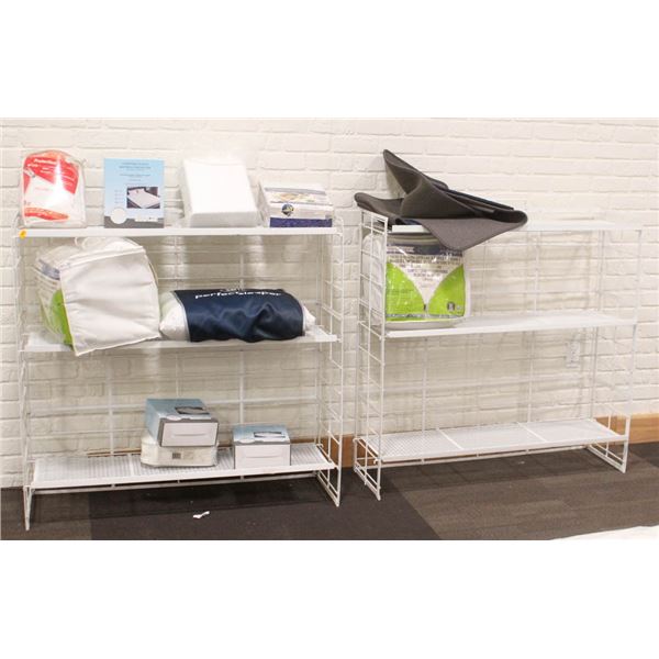 SET OF 2 WHITE METAL RACKS WITH CONTENTS; C/W