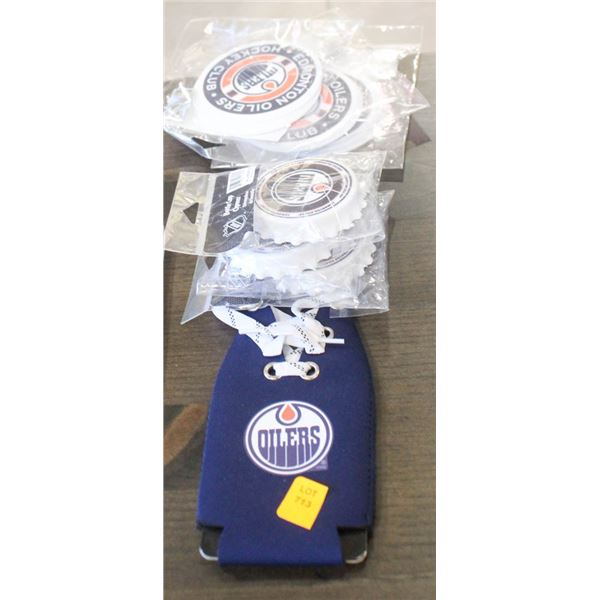 NEW ASSORTED LOT OF OILERS SWAG; STICKERS/