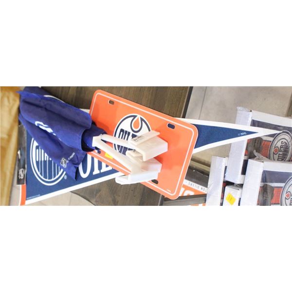NEW LOT OF ASSORTED OILERS SWAG; FLAGS/ LICENSE